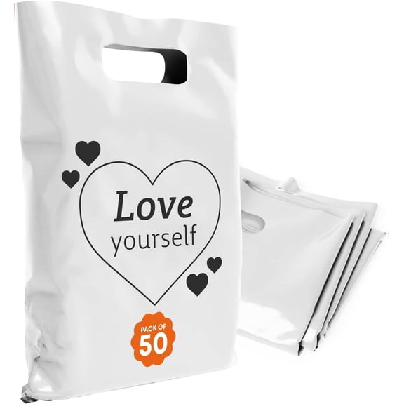 OPTIPAK Plastic Bags with Handles 20x22 Merchandise for Small Business,Die-Cut Retail Shopping & Boutique Bags,Gifts and Adult Goodie Bag,Vendor Event and Tradeshow Supplies,Love Yourself