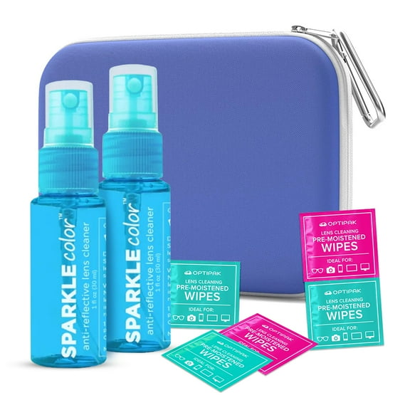 OPTIPAK Sparkle Anti-Reflective Lens Cleaner Spray Kit - (2) 1oz Glasses Cleaner Sprays, (5) Pre-Moistened Lens Wipes & (1) Multipurpose Pouch for Eyeglasses,Lenses & Camera Cleaning Kit(8 Piece Set)