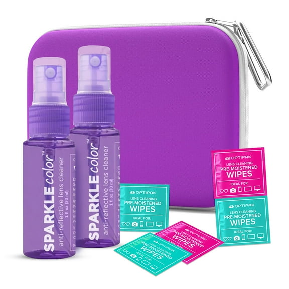 OPTIPAK Sparkle Anti-Reflective Lens Cleaner Spray Kit - (2) 1oz Glasses Cleaner Sprays, (5) Pre-Moistened Lens Wipes & (1) Multipurpose Pouch for Eyeglasses,Lenses & Camera Cleaning Kit(8 Piece Set)