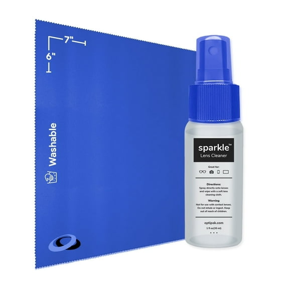OPTIPAK Sparkle Anti-Reflective Lens Cleaner Spray kit | (1x) 1oz Glasses Cleaner Bottle + (1x) Microfiber Cloth for Eyeglasses, Sunglasses, Lenses, Screens and Camera Cleaning Kit (2 Piece Set)