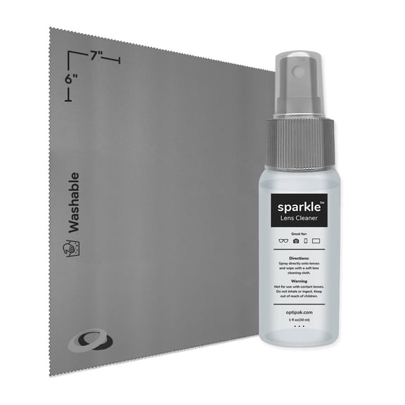 OPTIPAK Sparkle Anti-Reflective Lens Cleaner Spray kit | (1x) 1oz Glasses Cleaner Bottle + (1x) Microfiber Cloth for Eyeglasses, Sunglasses, Lenses, Screens and Camera Cleaning Kit (2 Piece Set)