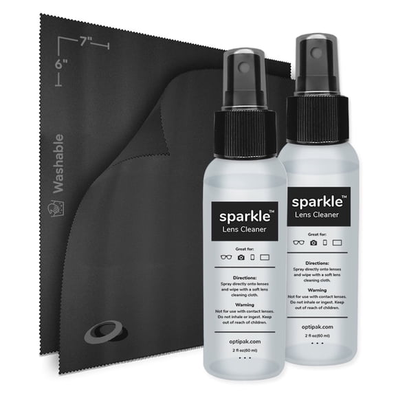 OPTIPAK Sparkle Anti-Reflective Lens Cleaner Spray kit | (2x) 2oz Glasses Cleaner Bottle + (2x) Microfiber Cloth for Eyeglasses, Sunglasses, Lenses, Screens and Camera Cleaning Kit (4 Piece Set)