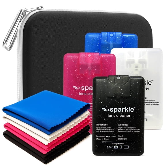 OPTIPAK Sparkle Anti-Reflective Safe Square Lens Cleaner Spray Kit 4 (20ml) Glasses Cleaner Spray with Microfiber Cloths & Travel Pouch for Eyeglasses, Lenses & Camera Cleaning Kit (9 Piece Set)