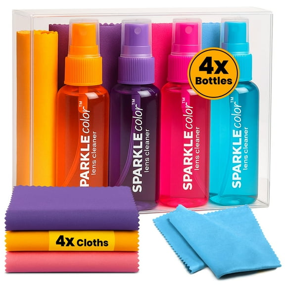 OPTIPAK Sparkle Color Lens Cleaner Spray Kit with Vinyl Flip-Top Pouch(4) 1oz Glasses Cleaner Spray + (4) Microfiber Cloth for Eyeglasses,Sunglasses,Screens and Camera Cleaning Kit(Assorted Colors)