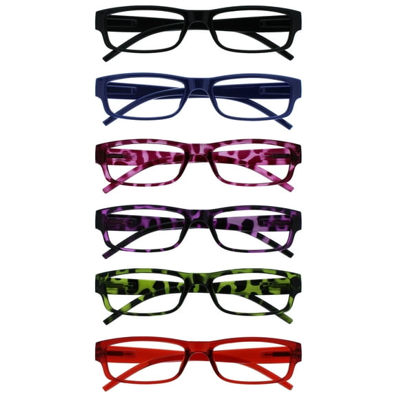 OPULIZE ACE Reading Glasses 6 Pack - Classic Everyday Narrow Frame - Scratch Resistant Spring Hinges - Black Blue Pink Purple Green Red - Mens Womens - RRRRRRR32-13456Z - +1.50