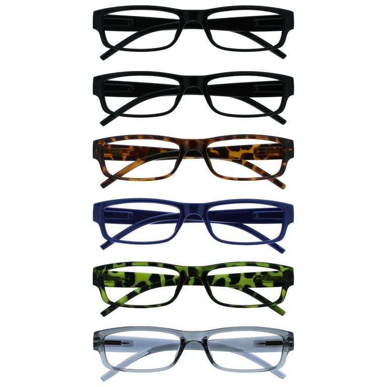 OPULIZE Ace Reading Glasses 6 Pack Classic Everyday Narrow Frame Scratch Resistant Spring Hinges Black Brown Blue Green Grey Mens Womens