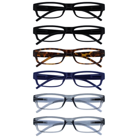 OPULIZE ACE Reading Glasses 6 Pack - Classic Everyday Narrow Frame - Scratch Resistant Spring Hinges - Black Brown Blue Grey - Mens Womens - RRRRRRR32-112377 - +3.00