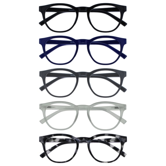 OPULIZE BLU Blue Light Blocking Glasses for Women Men - 5 Pack - Cool Round Frame - Anti-Glare Computer & Gaming Eyewear, UV & Eyestrain Protection - Improve Sleep - Black Blue Gray Ice Gray +0.00