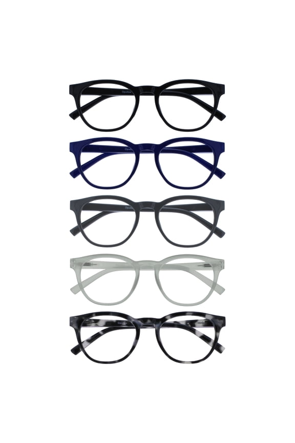 BLU Blue Light Blocking Reading Glasses for Women Men - 5 Pack - Cool Round Frame - Anti-Glare Computer & Gaming Eyewear, UV & Eyestrain Protection - Improve Sleep - Black Blue Gray Ice +3.00