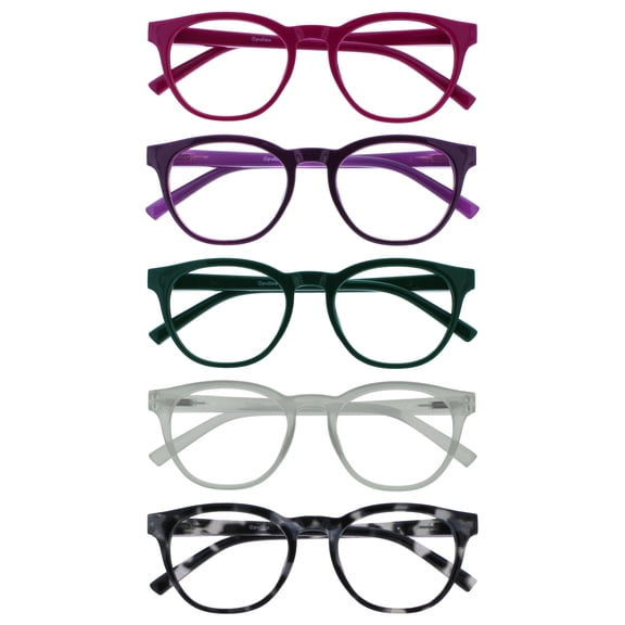OPULIZE BLU Blue Light Blocking Reading Glasses for Women Men - 5 Pack, Round Frame - Anti-Glare Computer & Gaming Eyewear, UV & Eyestrain Protection, Improve Sleep - Pink Purple Green Ice Gray +3.50