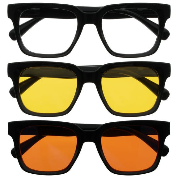 OPULIZE ERA Blue Light Glasses for Women Men, Oversized Frame with Clear Yellow & Orange Lens and UV400 Protection, Anti-Reflective & Anti-Glare, Computer & Screen Glasses, Black (Pack of 3)