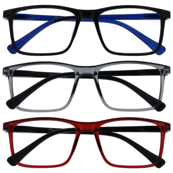 OPULIZE INK Reading Glasses - 3-Pack - Large Rectangular Frame - Black Gray Dark Red - Mens Womens - Spring Hinges - RRR4-17Z - +3.00