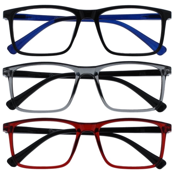 OPULIZE INK Reading Glasses - 3-Pack - Large Rectangular Frame - Black Gray Dark Red - Mens Womens - Spring Hinges - RRR4-17Z - +3.50