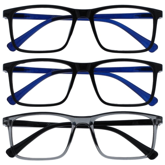 OPULIZE INK Reading Glasses - 3-Pack - Large Rectangular Frame - Black Transparent Gray - Mens Womens - Spring Hinges - RRR4-117 - +1.00