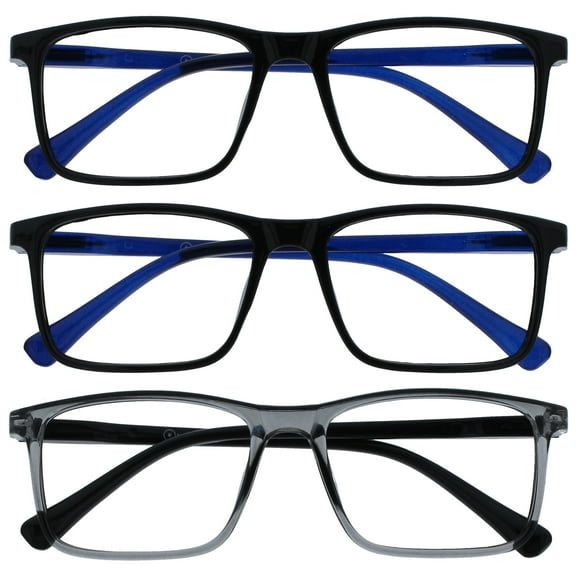 OPULIZE INK Reading Glasses - 3-Pack - Large Rectangular Frame - Black Transparent Gray - Mens Womens - Spring Hinges - RRR4-117 - +1.50