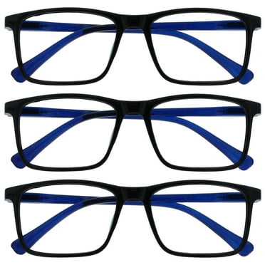 OPULIZE INK Reading Glasses - 3-Pack - Large Rectangular Frame - Black With Blue Arms - Mens Womens - Spring Hinges - RRR4-1 -  3.50