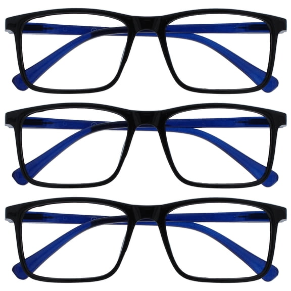 OPULIZE INK Reading Glasses - 3-Pack - Large Rectangular Frame - Black with Blue Arms - Mens Womens - Spring Hinges - RRR4-1 - +1.50