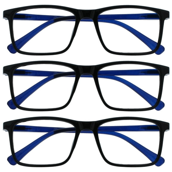 OPULIZE INK Reading Glasses - 3-Pack - Large Rectangular Frame - Black with Blue Arms - Mens Womens - Spring Hinges - RRR4-1 - +3.50