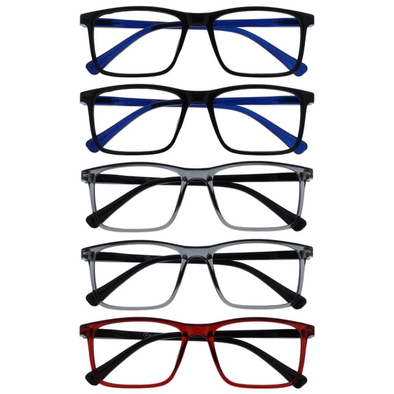 OPULIZE INK Reading Glasses 5 Pack - Large Rectangular Frame - Black Transparent Gray Dark Red - Spring Hinges, Scratch Resistant - Mens Womens - RRRRR4-1177Z - +1.00