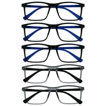 OPULIZE Ink Reading Glasses 5 Pack Large Rectangular Frame Black Transparent Grey Spring Hinges Scratch Resistant Mens Womens RRRRR4-11177  1.50