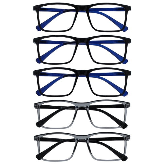 OPULIZE INK Reading Glasses 5 Pack - Large Rectangular Frame - Black Transparent Gray - Spring Hinges, Scratch Resistant - Mens Womens - RRRRR4-11177 - +3.50