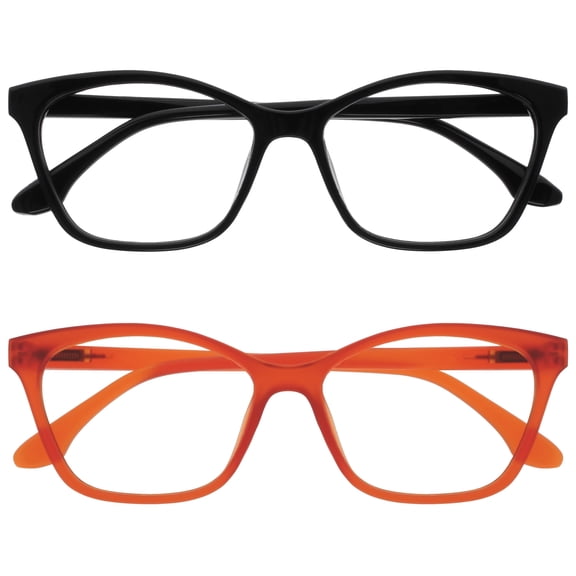 OPULIZE KAT Reading Glasses - 2-Pack - Cat-Eye Frame - Black, Orange - Men & Women - Spring Hinges - RR59-1G - +2.00