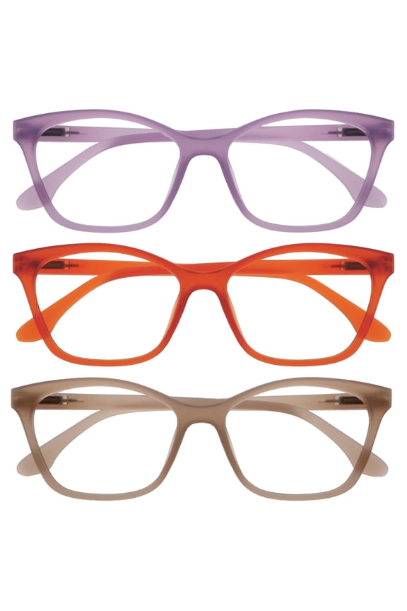 KAT Reading Glasses - 3-Pack - Cat-Eye Frame - Purple, Orange, Taupe - Men & Women - Spring Hinges - RRR59-5GU - +3.50