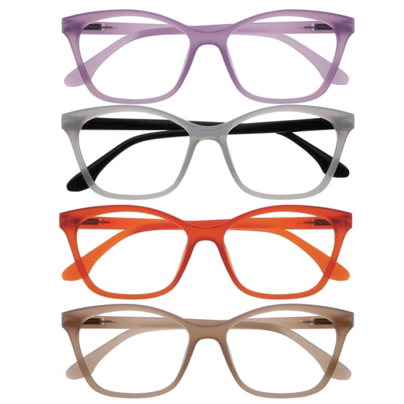 OPULIZE KAT Reading Glasses - 4-Pack - Cat-Eye Frame - Purple, Grey, Orange, Taupe - Men & Women - Spring Hinges - RRRR59-57GU - +1.00