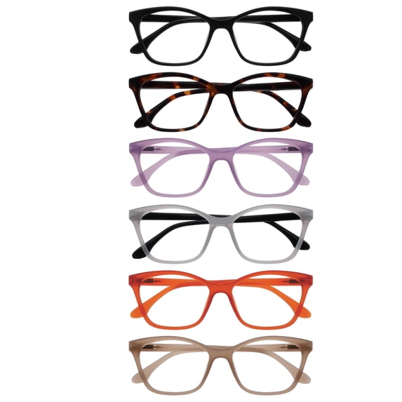OPULIZE KAT Reading Glasses - 6-Pack - Cat-Eye Frame - Black, Brown, Purple, Grey, Orange, Taupe - Men & Women - Spring Hinges - RRRRRR59-1257GU - +1.50