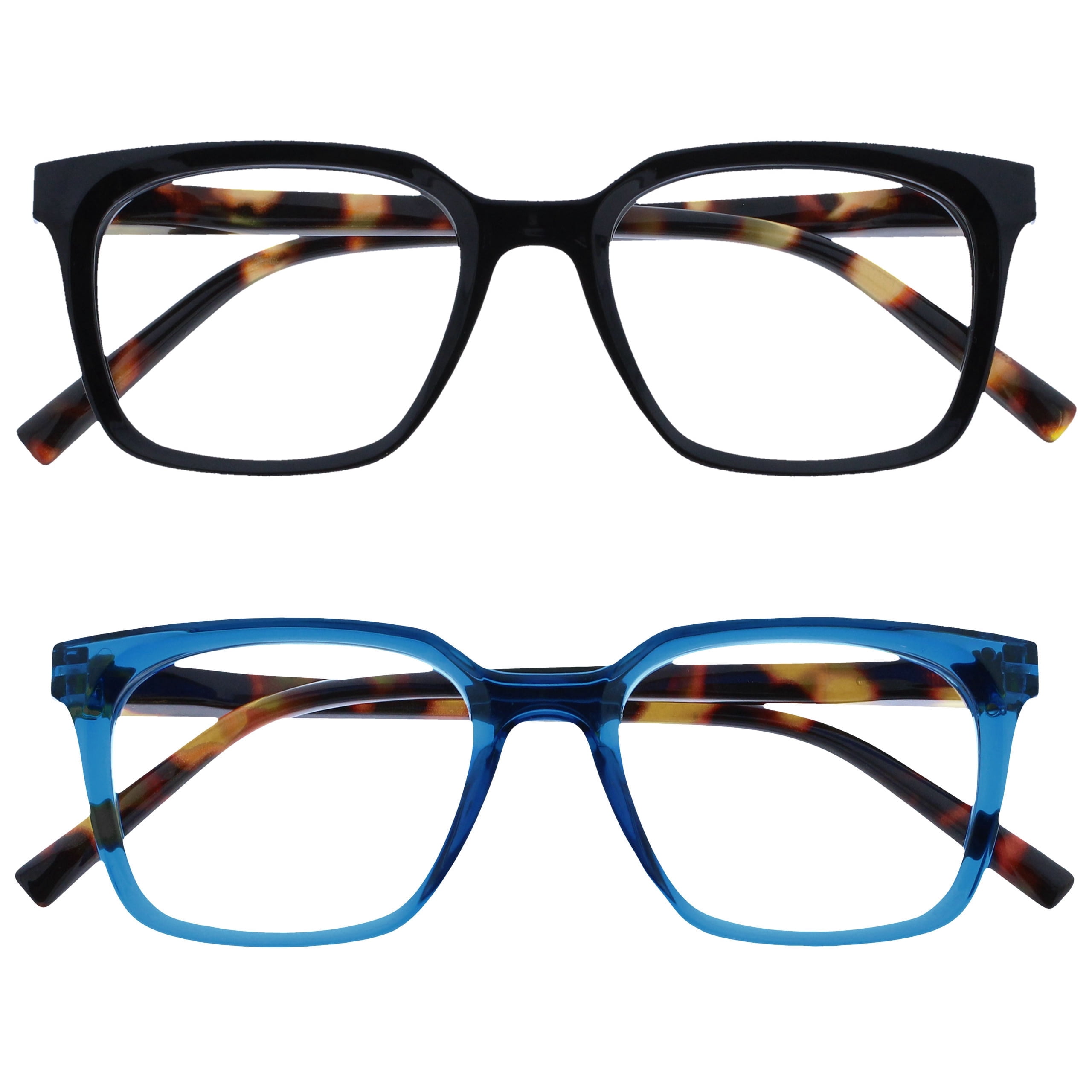 OPULIZE KOI Reading Glasses 2 Pack - Large Rectangular Frame - Black-Blue - Mens Womens - Spring Hinges - RR50-13 - +2.00