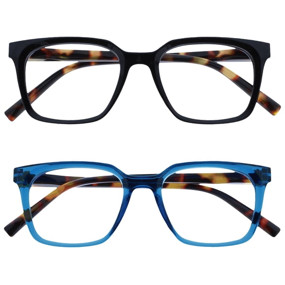 OPULIZE KOI Reading Glasses 2 Pack - Large Rectangular Frame - Black-Blue - Mens Womens - Spring Hinges - RR50-13 - +2.50
