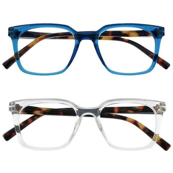 OPULIZE KOI Reading Glasses 2 Pack - Large Rectangular Frame - Blue-Clear - Mens Womens - Spring Hinges - RR50-3C - +3.00