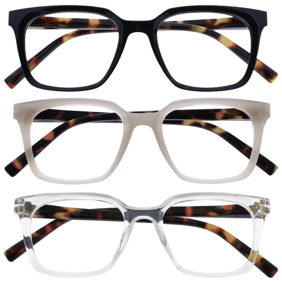 OPULIZE KOI Reading Glasses 3 Pack - Large Rectangular Frame - Black-Gray-Clear - Mens Womens - Spring Hinges - RRR50-17C - +1.50