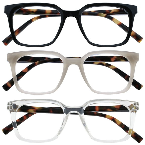 OPULIZE KOI Reading Glasses 3 Pack - Large Rectangular Frame - Black-Gray-Clear - Mens Womens - Spring Hinges - RRR50-17C - +3.50