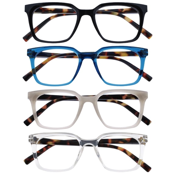 OPULIZE KOI Reading Glasses 4 Pack - Large Rectangular Frame - Black-Blue-Gray-Clear - Mens Womens - Spring Hinges - RRRR50-137C - +1.00