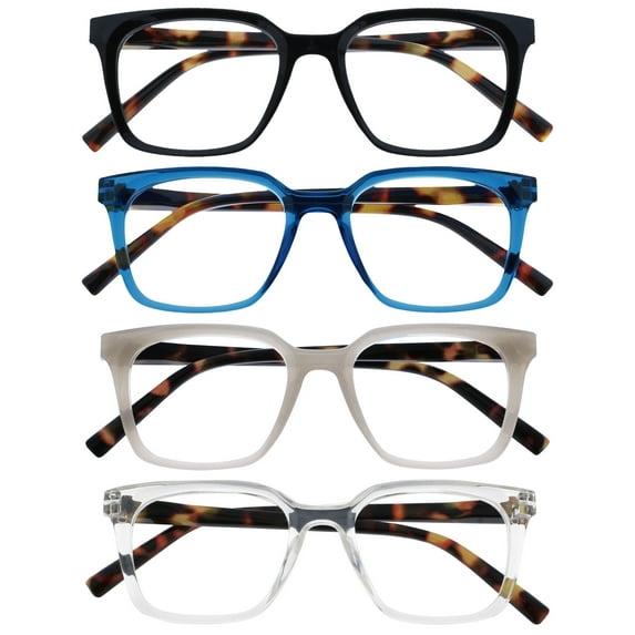 OPULIZE KOI Reading Glasses 4 Pack - Large Rectangular Frame - Black-Blue-Gray-Clear - Mens Womens - Spring Hinges - RRRR50-137C - +2.00