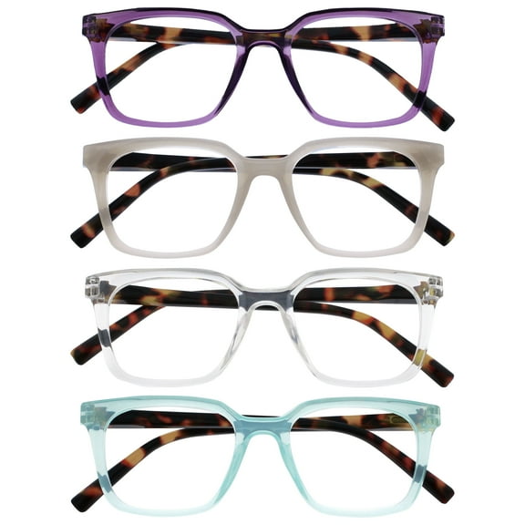 OPULIZE KOI Reading Glasses 4 Pack - Large Rectangular Frame - Purple-Gray-Clear-Aqua - Mens Womens - Spring Hinges - RRRR50-57CQ - +3.00