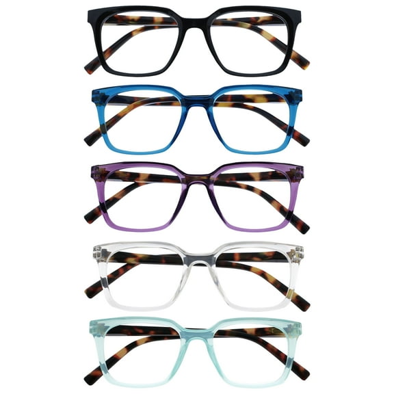 OPULIZE KOI Reading Glasses 5 Pack - Large Rectangular Frame - Black-Blue-Purple-Clear-Aqua - Mens Womens - Spring Hinges - RRRRR50-135CQ - +1.00