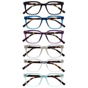 OPULIZE KOI Reading Glasses 6 Pack - Large Rectangular Frame - Black-Blue-Purple-Gray-Clear-Aqua - Mens Womens - Spring Hinges - RRRRRR50-1357CQ - +1.00