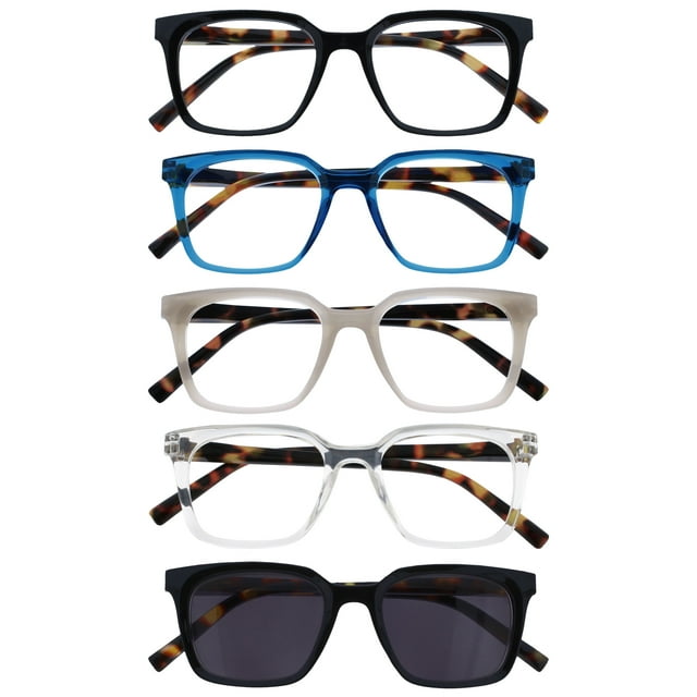 OPULIZE KOI Reading Glasses With Reading Sunglasses 5 Pack - Rectangular Frame - Black-Blue-Gray-Clear-Black - Mens Womens - Spring Hinges - RRRRS50-137C1 - +2.00