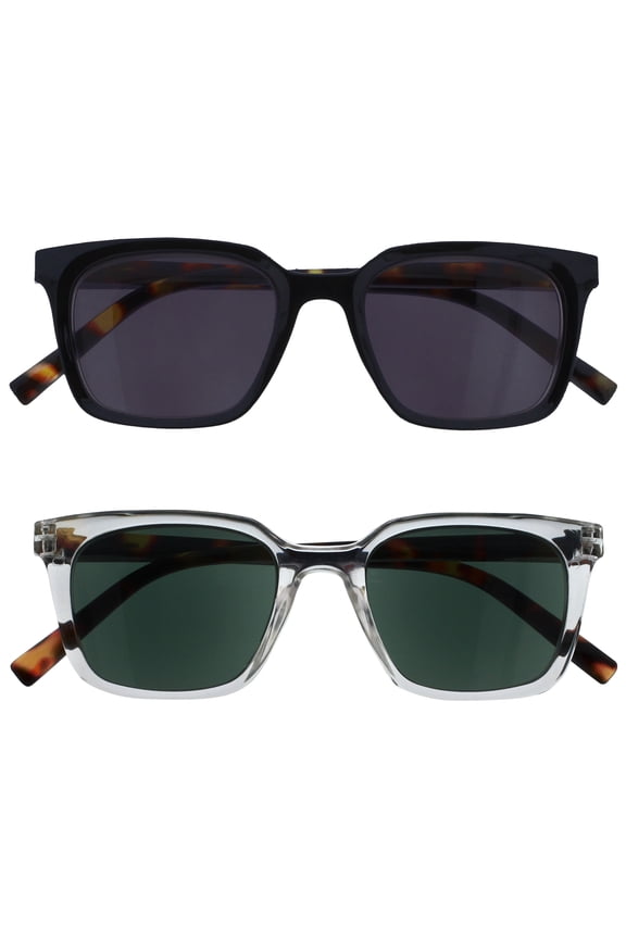 KOI Reading Sunglasses 2 Pack - Large Rectangular Frame - Tinted Lens UV400 - Black-Clear - Mens Womens - Spring Hinges - SS50-1C - +3.00