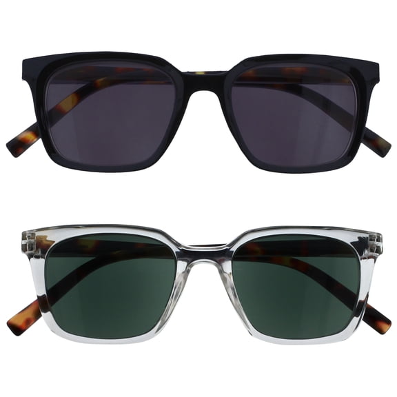OPULIZE KOI Reading Sunglasses 2 Pack - Large Rectangular Frame - Tinted Lens UV400 - Black-Clear - Mens Womens - Spring Hinges - SS50-1C - +3.50
