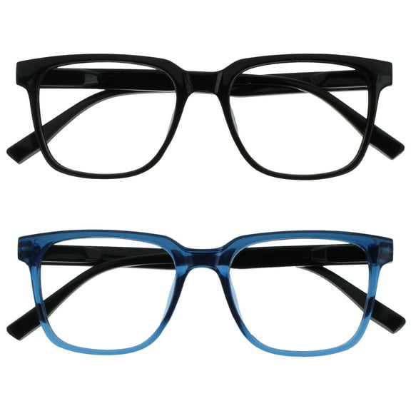 OPULIZE LEO Reading Glasses - 2 -Pack - Large Rectangular Frame - Black, Blue - Mens Womens - Spring Hinges - RR55-13 - +1.00