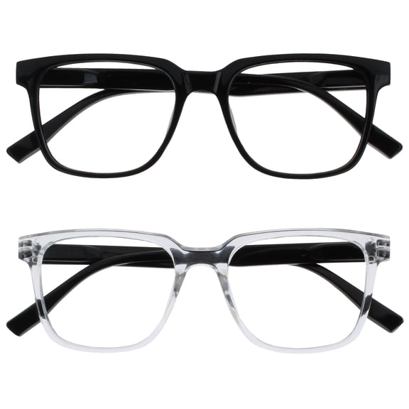 OPULIZE LEO Reading Glasses - 2 -Pack - Large Rectangular Frame - Black, Clear - Mens Womens - Spring Hinges - RR55-1C - +1.50