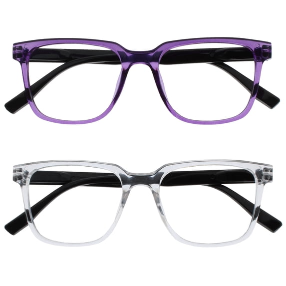 OPULIZE LEO Reading Glasses - 2 -Pack - Large Rectangular Frame - Purple, Clear - Mens Womens - Spring Hinges - RR55-5C - +1.00
