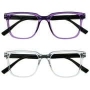 OPULIZE LEO Reading Glasses - 2 -Pack - Large Rectangular Frame - Purple, Clear - Mens Womens - Spring Hinges - RR55-5C - +2.00