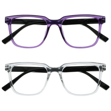 OPULIZE LEO Reading Glasses - 2 -Pack - Large Rectangular Frame - Purple, Clear - Mens Womens - Spring Hinges - RR55-5C -  3.00