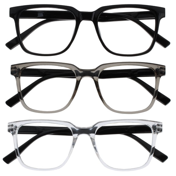 OPULIZE LEO Reading Glasses - 3 -Pack - Large Rectangular Frame - Black, Grey, Clear - Mens Womens - Spring Hinges - RRR55-17C - +1.50