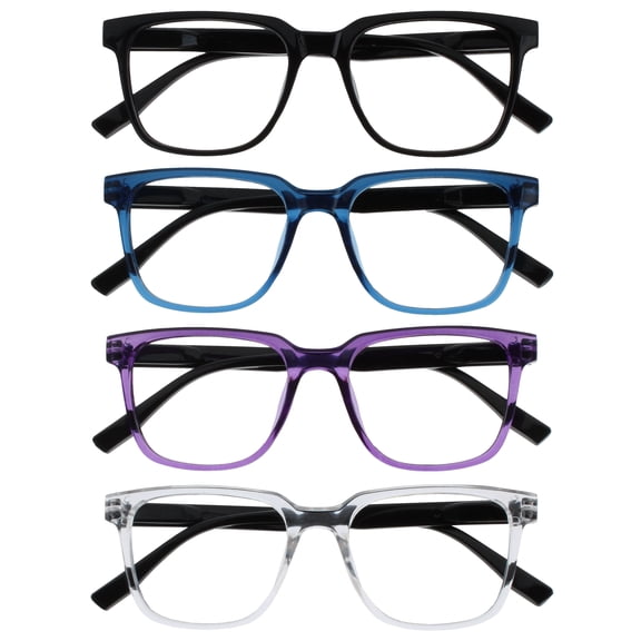 OPULIZE LEO Reading Glasses - 4-Pack - Large Rectangular Frame - Black, Blue, Purple, Clear - Mens Womens - Spring Hinges - RRRR55-135C - +1.50