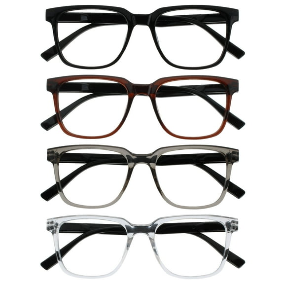 OPULIZE LEO Reading Glasses - 4-Pack - Large Rectangular Frame - Black, Brown, Grey, Clear - Mens Womens - Spring Hinges - RRRR55-127C - +2.00